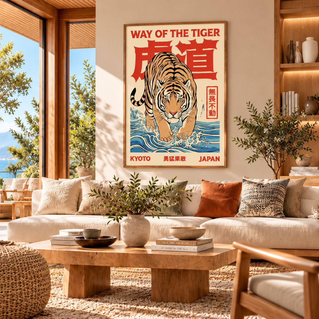 Salon cotier lumineux avec affiche tigre japonaise